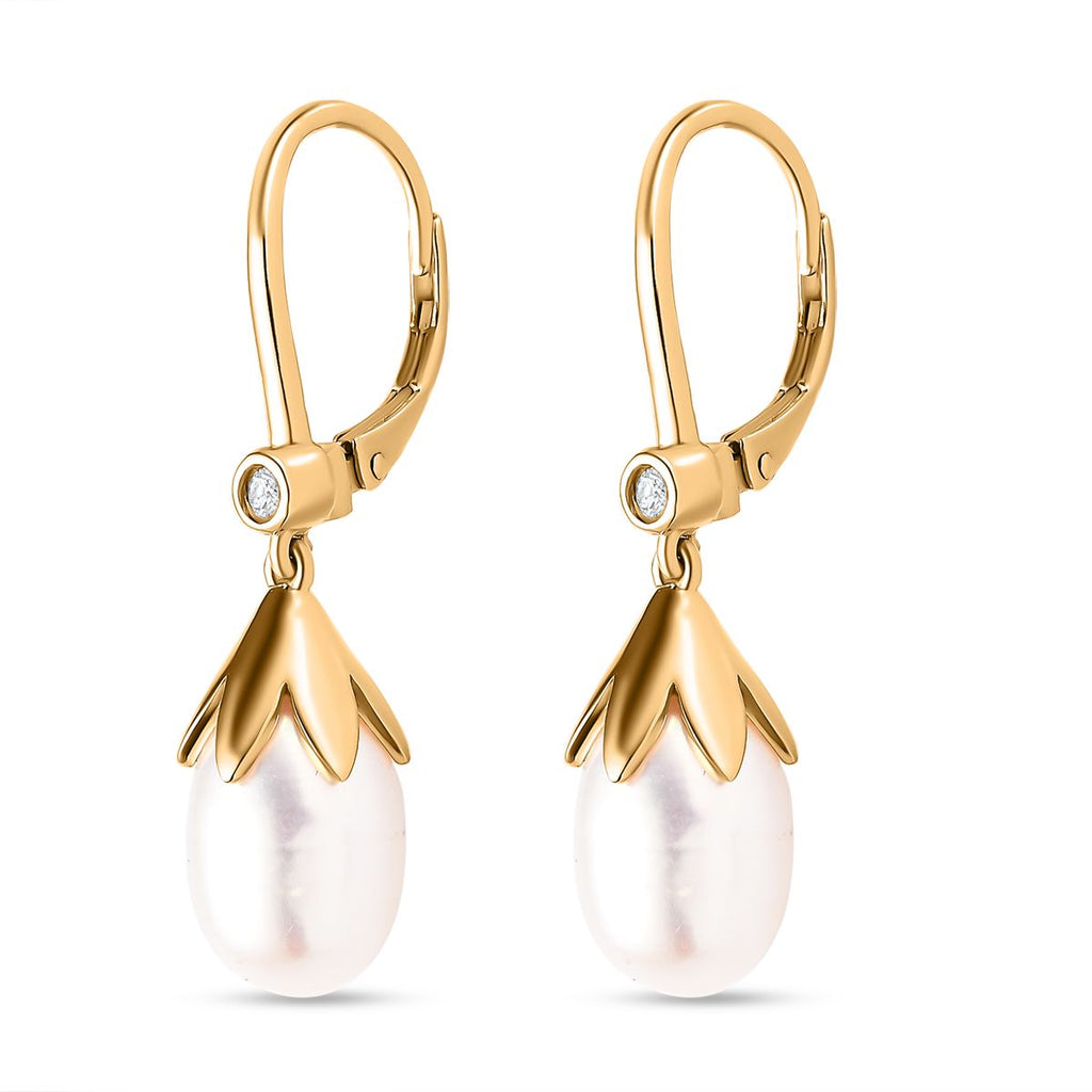 Süßwasser Perle, Weißer Zirkon Ohrringe 925 Silber Gelbgold Vermeil ca. 0,10 ct.
