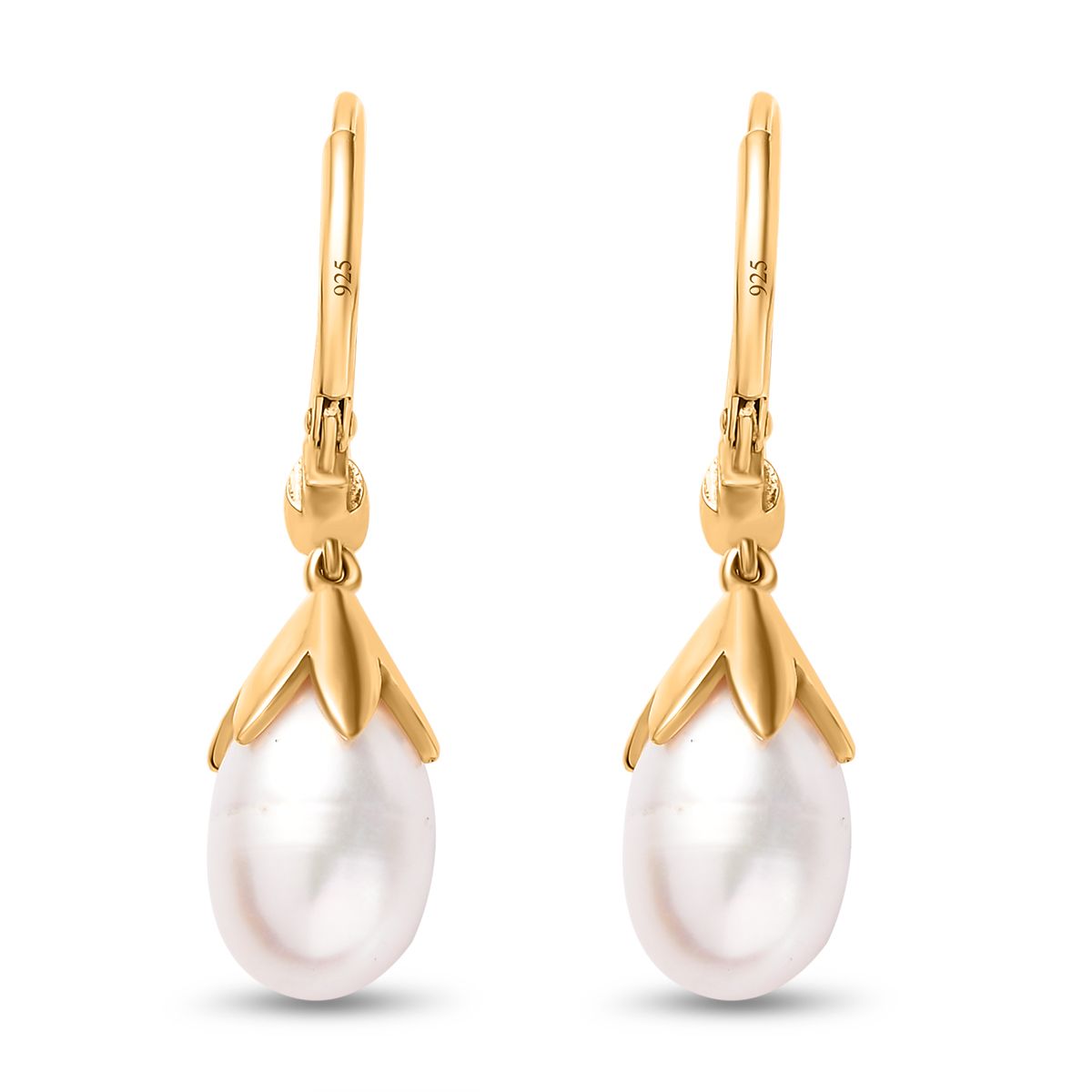 Süßwasser Perle, Weißer Zirkon Ohrringe 925 Silber Gelbgold Vermeil ca. 0,10 ct.