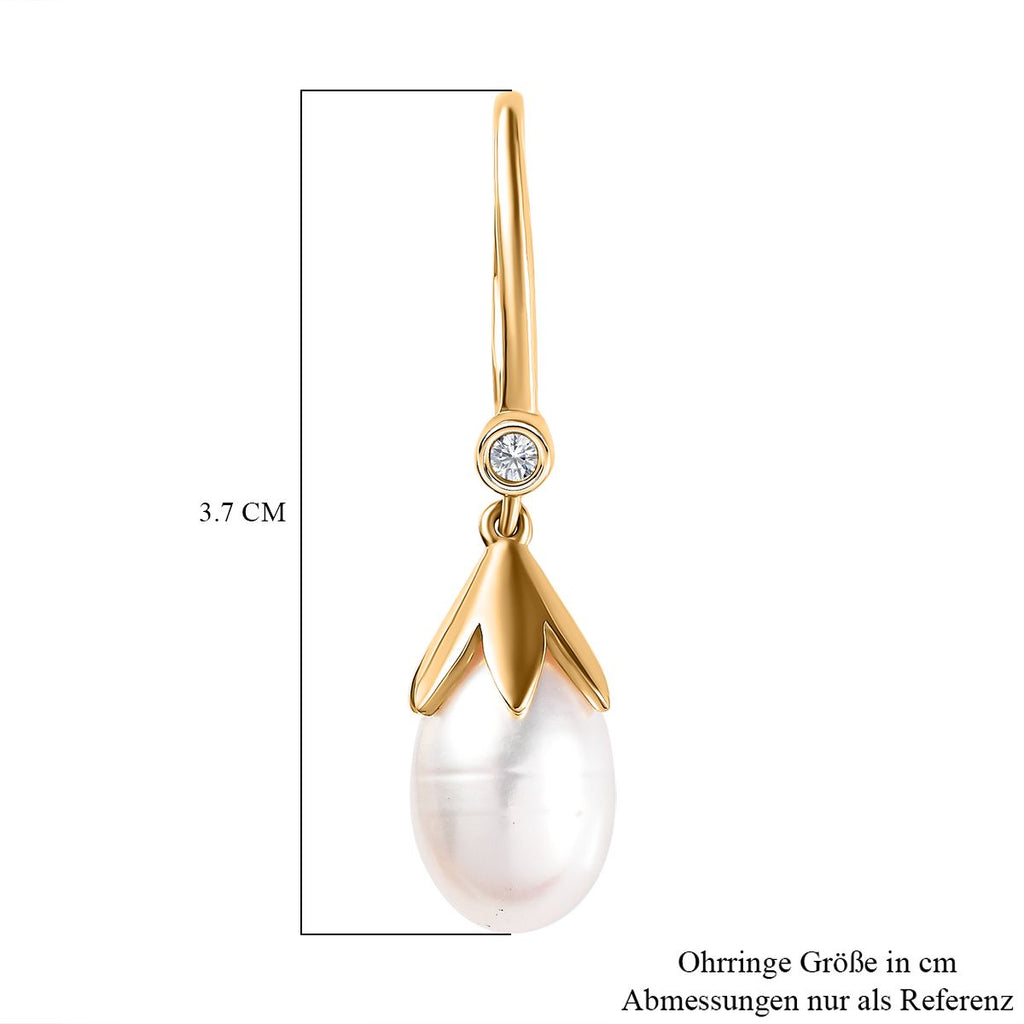 Süßwasser Perle, Weißer Zirkon Ohrringe 925 Silber Gelbgold Vermeil ca. 0,10 ct.