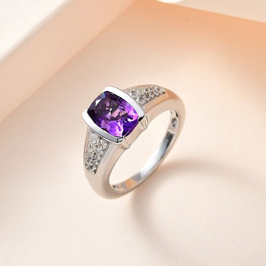 AA Marokkanischer Amethyst, Weißer Zirkon Ring, 925 Silber platiniert (Größe 20.00) ca. 2.47 ct