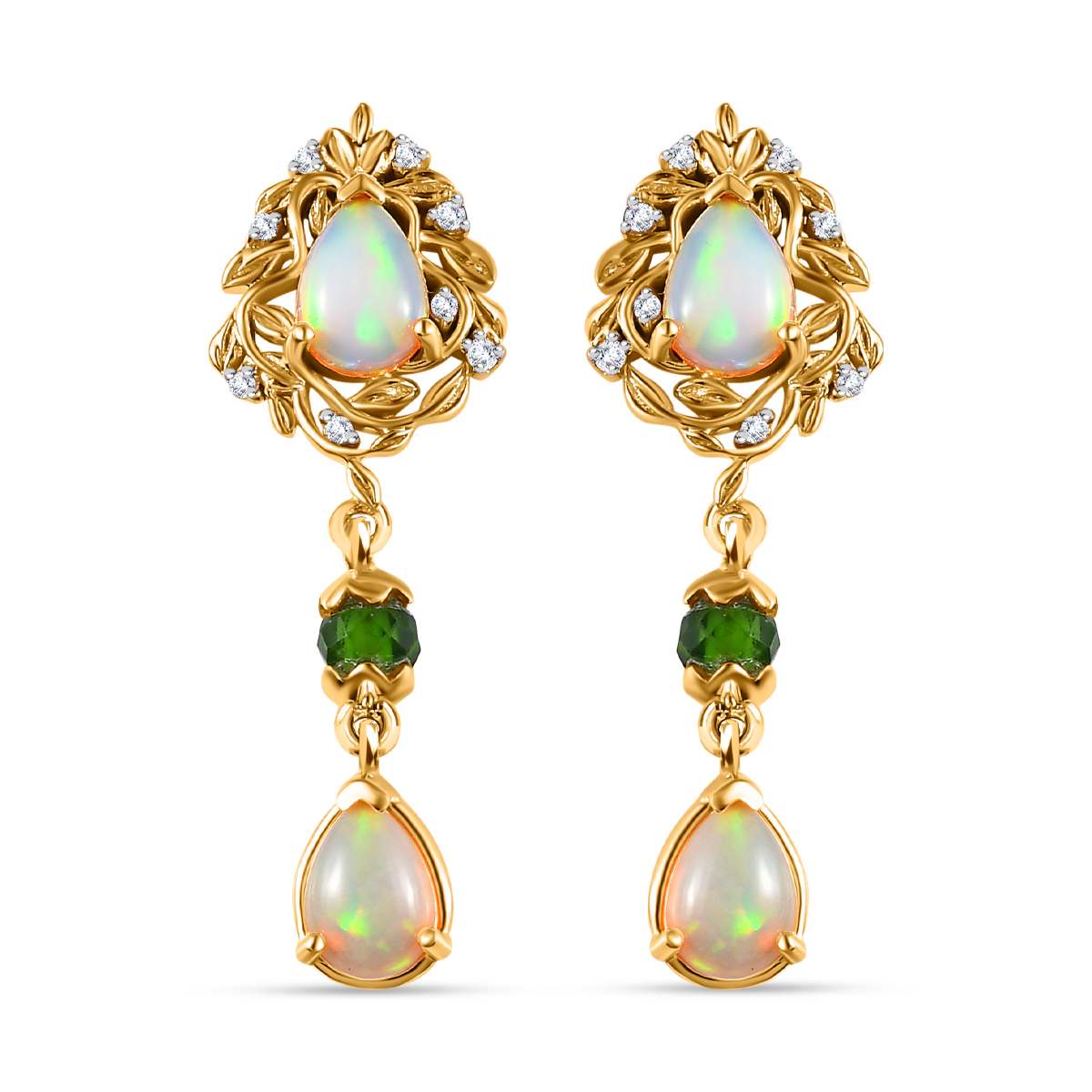 AA Natürlicher, äthiopischer Welo Opal, Natürlicher Chromdiopsid Ohrringe 925 Silber Gelbgold Vermeil ca. 2,64 ct.
