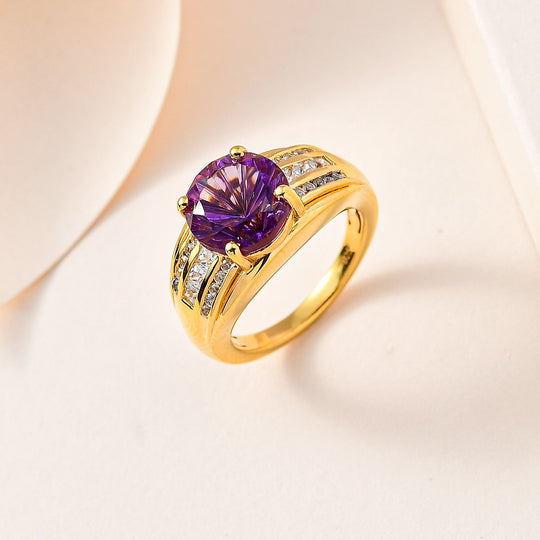 AA Natürlicher, Marokkanischer Amethyst, Weißer Zirkon Ring, 925 Silber Gelbgold Vermeil, (Größe 19.00) ca. 5.70 ct