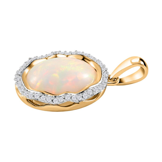 AAA Natürlicher, äthiopischer Welo Opal, Weißer Zirkon Anhänger 925 Silber Gelbgold Vermeil ca. 4,57 ct.