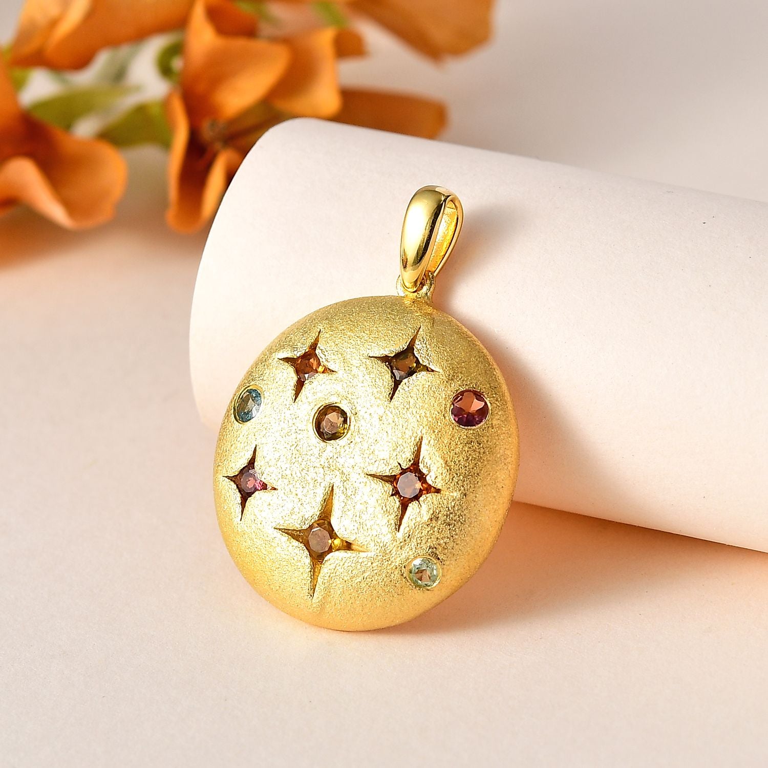 AA Mehrfarbiger-Turmalin Anhänger, 925 Silber Gelbgold Vermeil ca. 0.69 ct