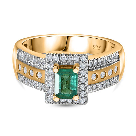 AAA Smaragd, Weißer Zirkon Ring 925 Silber Gelbgold Vermeil (Größe 17.00) ca. 1,07 ct