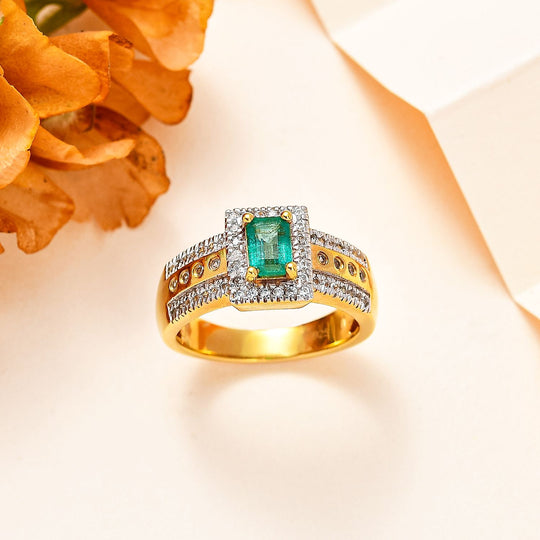 AAA Smaragd, Weißer Zirkon Ring 925 Silber Gelbgold Vermeil (Größe 17.00) ca. 1,07 ct