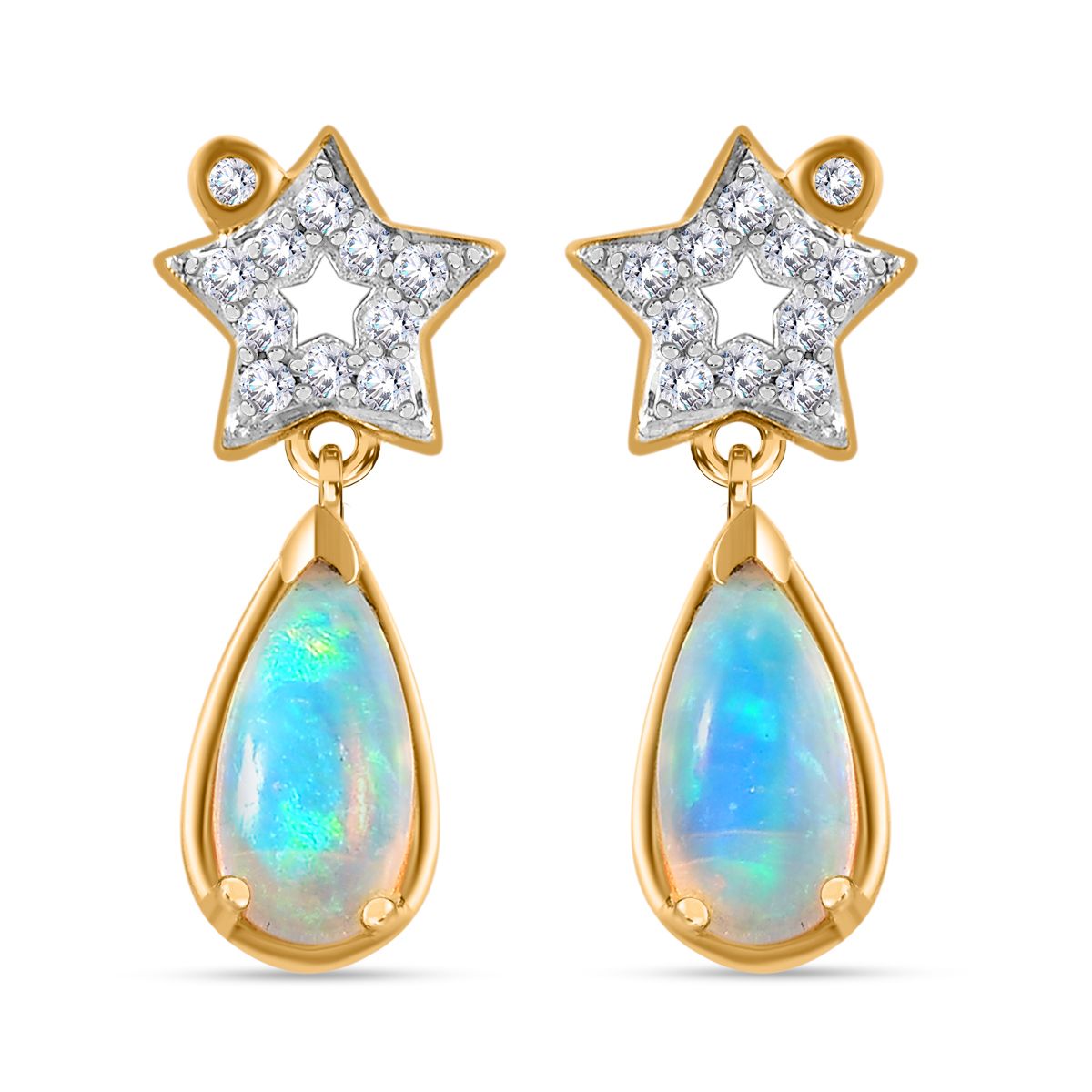 AA Natürlicher, äthiopischer Welo Opal, Weißer Zirkon Ohrringe 925 Silber Gelbgold Vermeil ca. 1,65 ct.