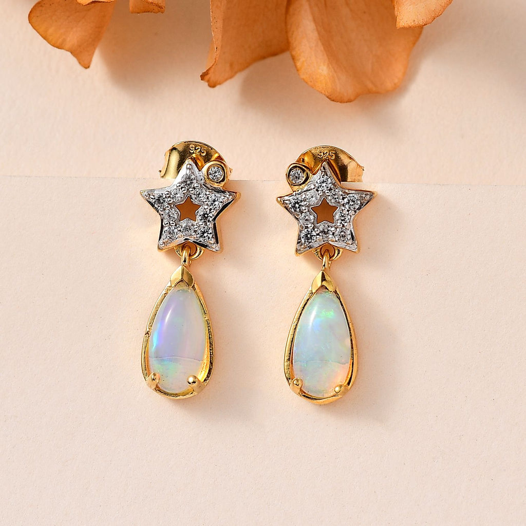 AA Natürlicher, äthiopischer Welo Opal, Weißer Zirkon Ohrringe 925 Silber Gelbgold Vermeil ca. 1,65 ct.