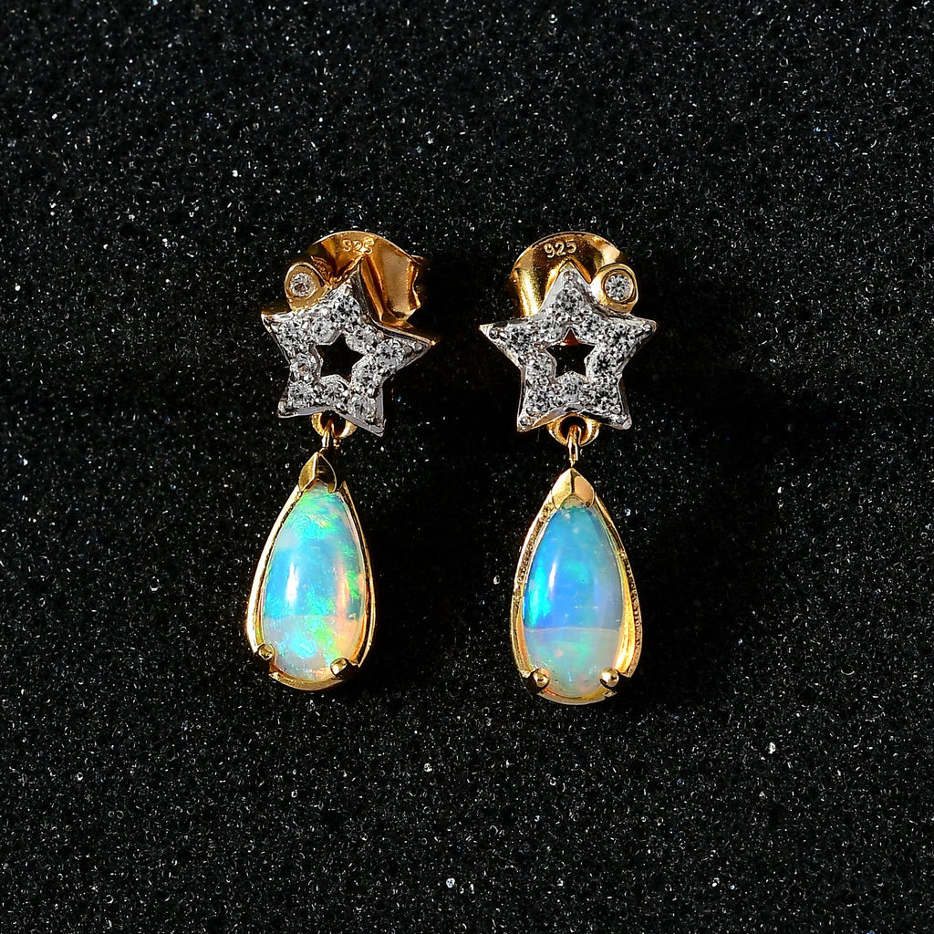 AA Natürlicher, äthiopischer Welo Opal, Weißer Zirkon Ohrringe 925 Silber Gelbgold Vermeil ca. 1,65 ct.