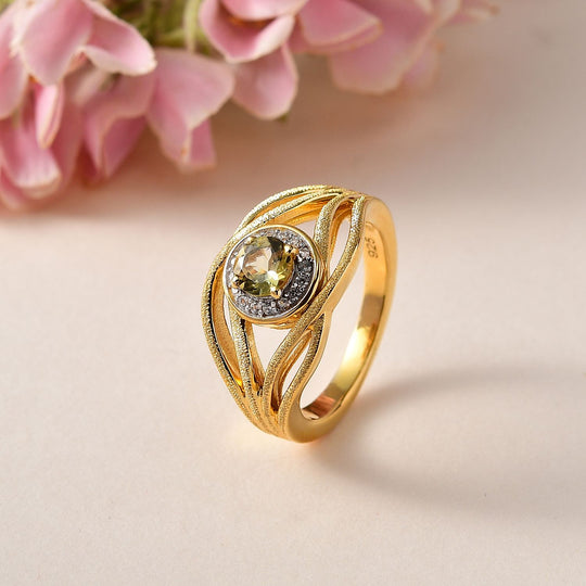AA Natürlicher goldener Tansanit, Weißer Zirkon Ring 925 Silber Gelbgold Vermeil (Größe 20.00) ca. 0,69 ct