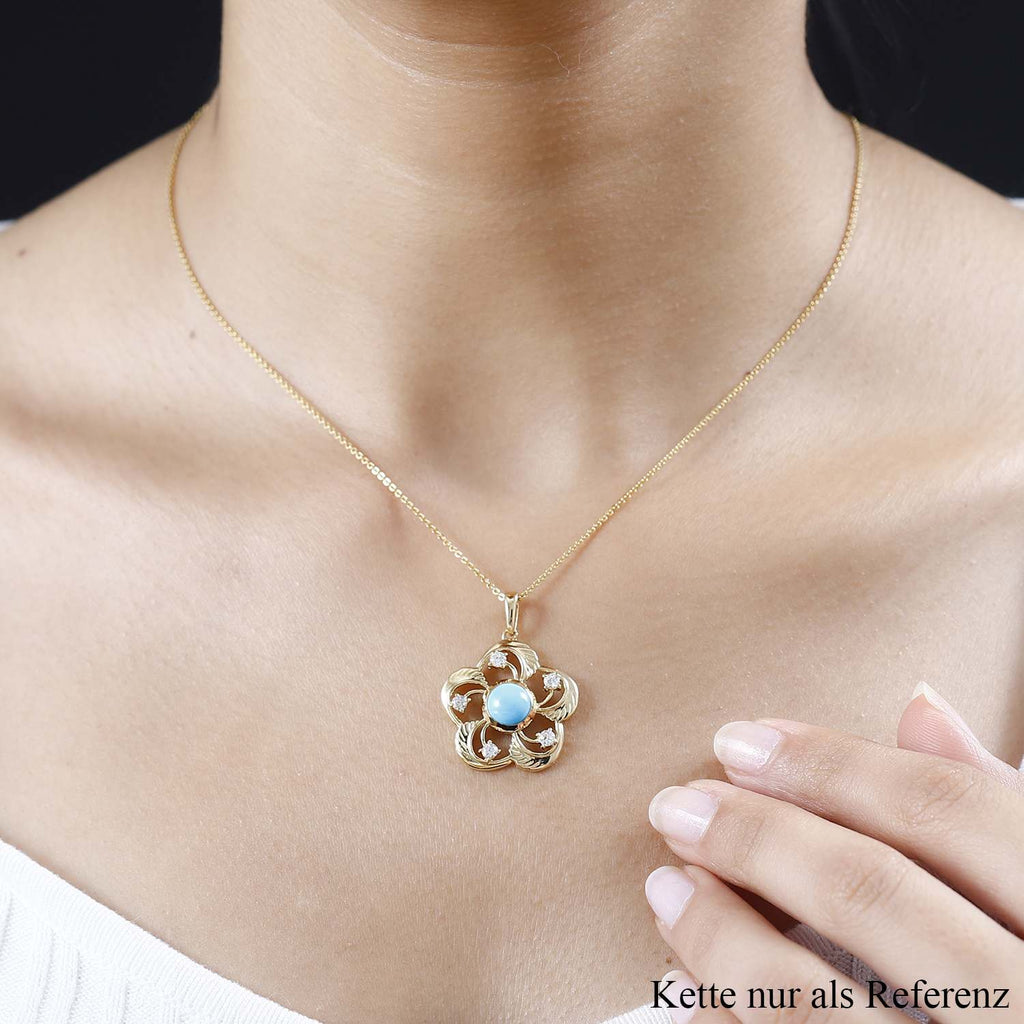 AA Sleeping Beauty Türkis, Weißer Zirkon Anhänger 925 Silber Gelbgold Vermeil ca. 1,67 ct.