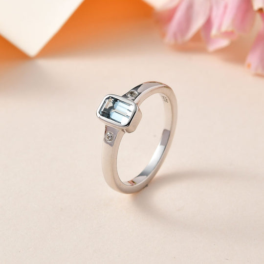 Espirito Santo AAA Aquamarin, Weißer Zirkon Ring, 925 Silber rhodiniert, (Größe 20.00) ca. 0.59 ct