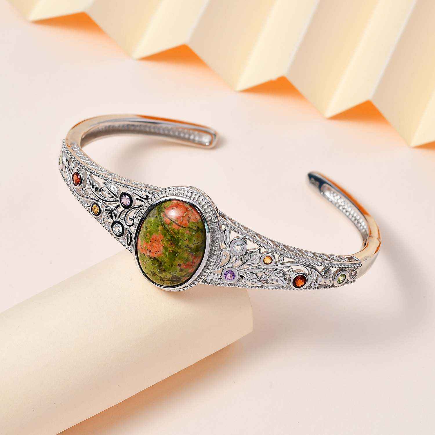 Unakite, mehrfarbiger Edelstein in Frühlingsfarben Armreif ca. 19 cm Messing  ca. 18.57 ct