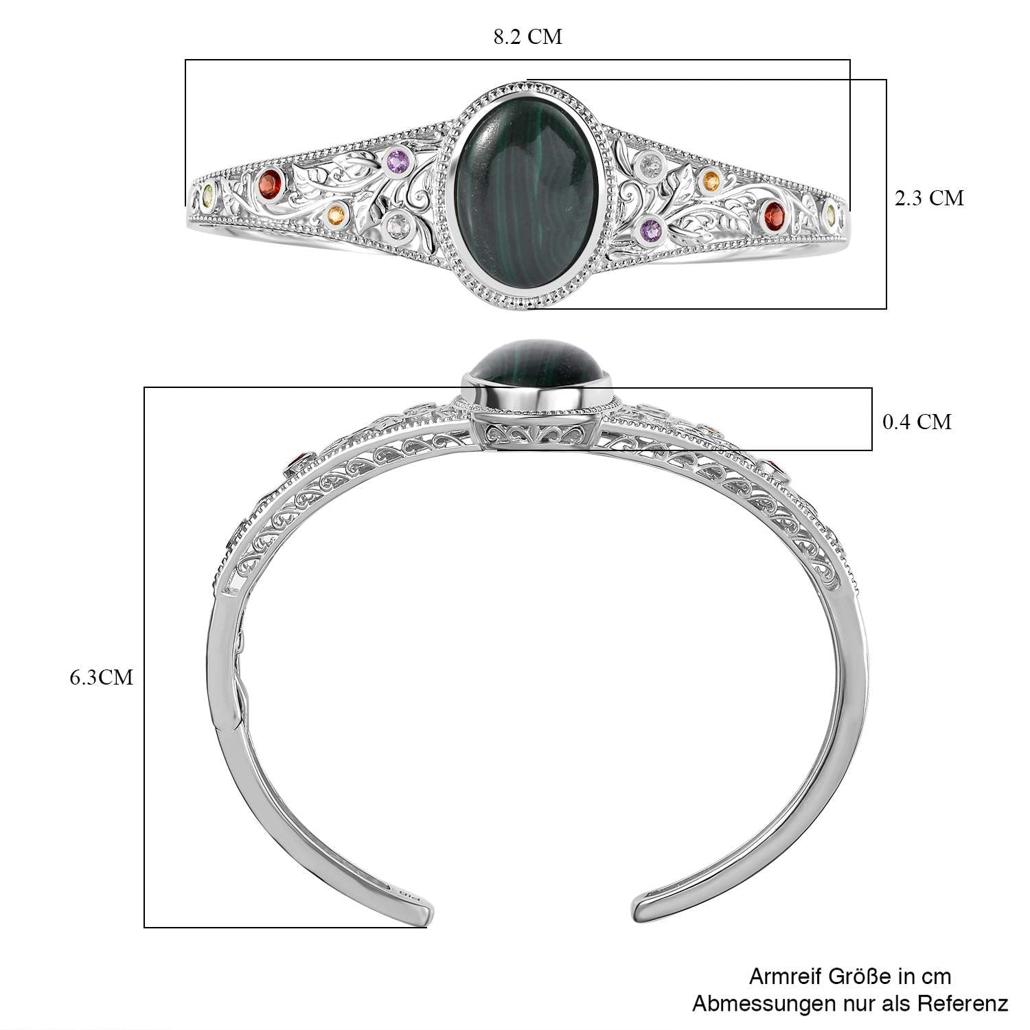 Malachit und mehrfarbiger Edelstein in Frühlingsfarben Armreif ca. 19 cm Messing  ca. 19.35 ct