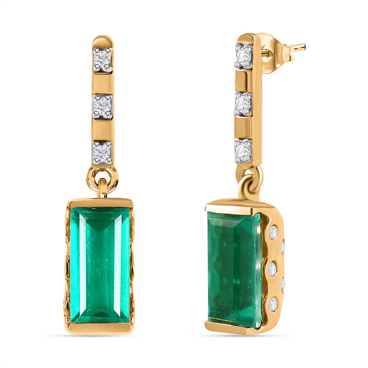 Smaragd-Triplette-Quarz, Weißer Zirkon Ohrringe 925 Silber Gelbgold Vermeil ca. 3,99 ct.
