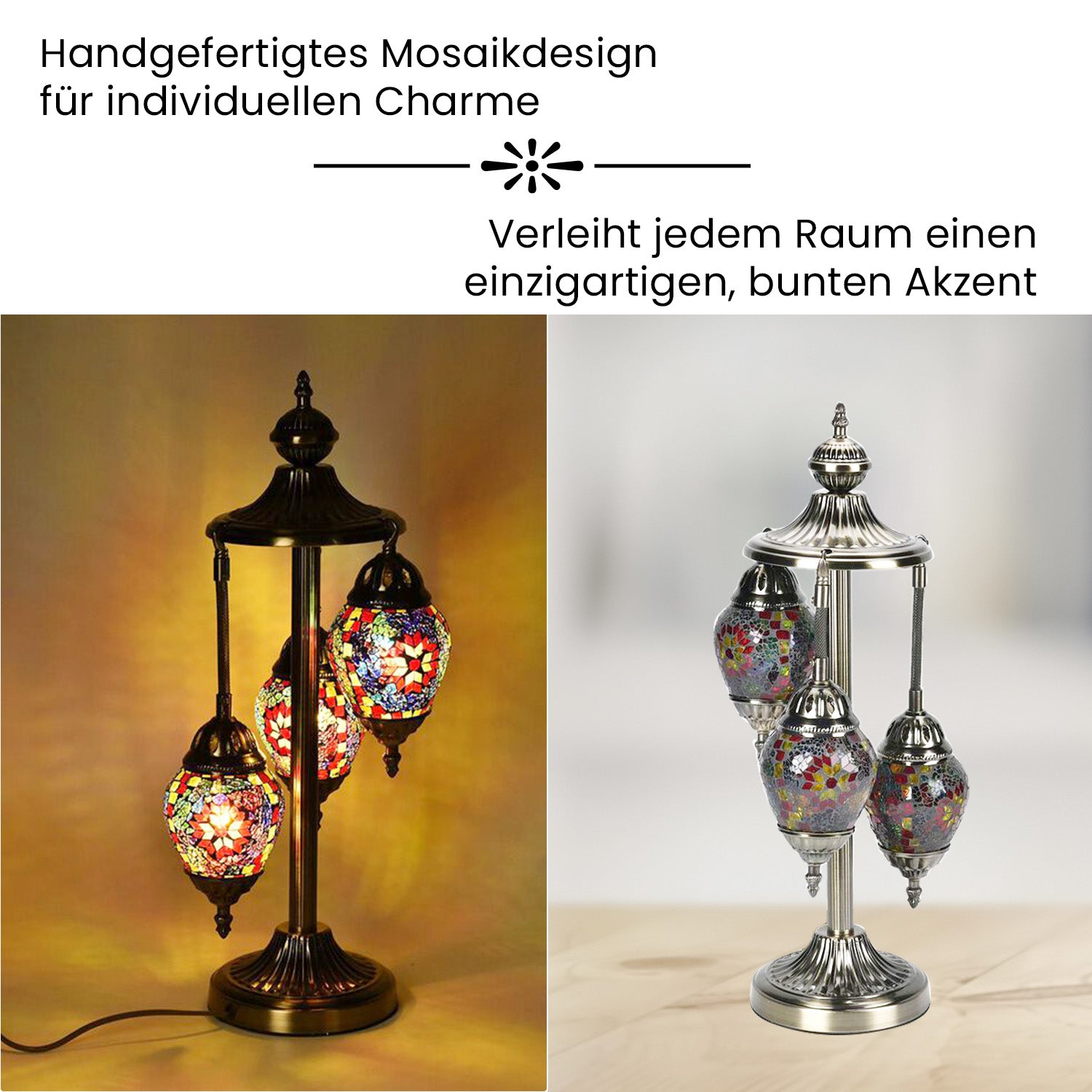 Handgefertigte Mosaikglaslampe im orientalischen Stil mit 3 Kugeln, 56 x 27 x 27 cm, Sonnen