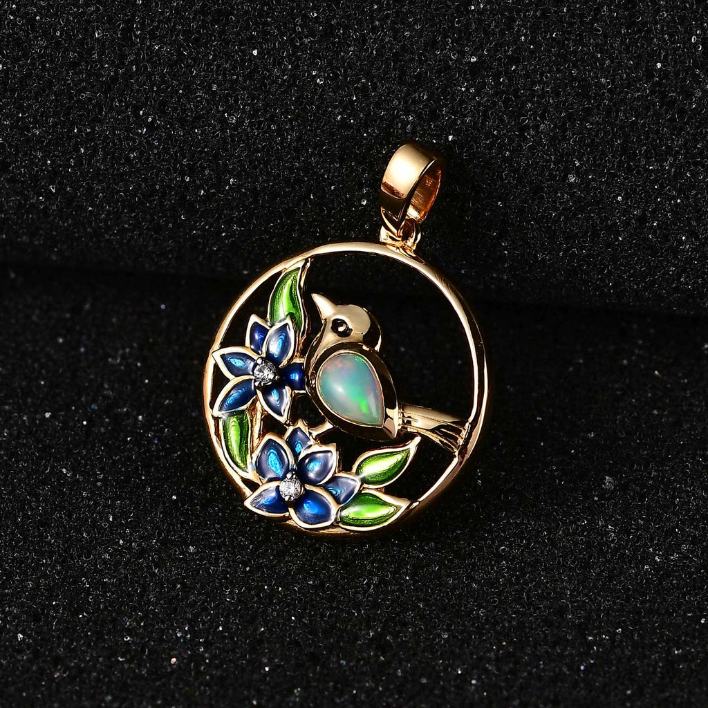 AA Natürlicher, äthiopischer Welo Opal, Weißer Zirkon Anhänger 925 Silber Gelbgold Vermeil ca. 0,34 ct.