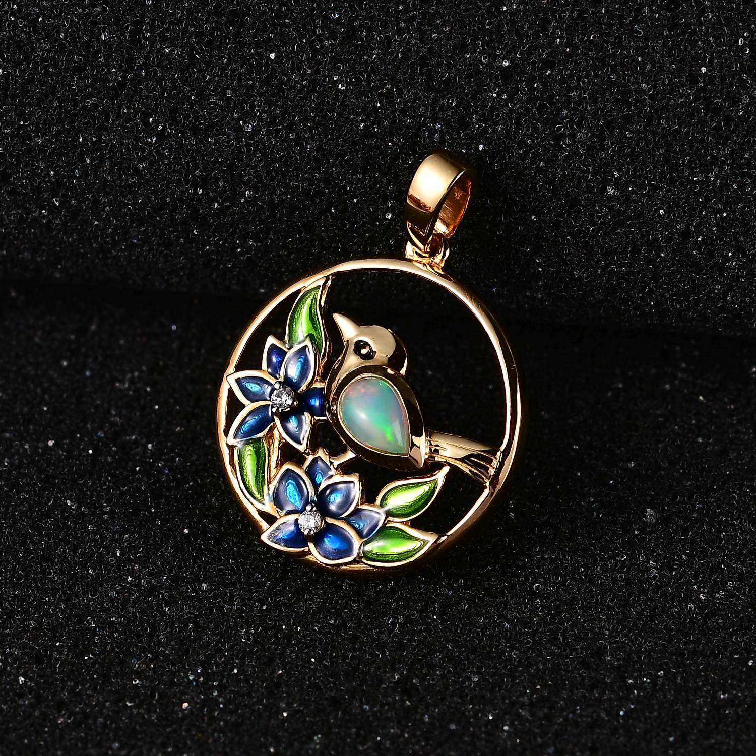 AA Natürlicher, äthiopischer Welo Opal, Weißer Zirkon Anhänger 925 Silber Gelbgold Vermeil ca. 0,34 ct.
