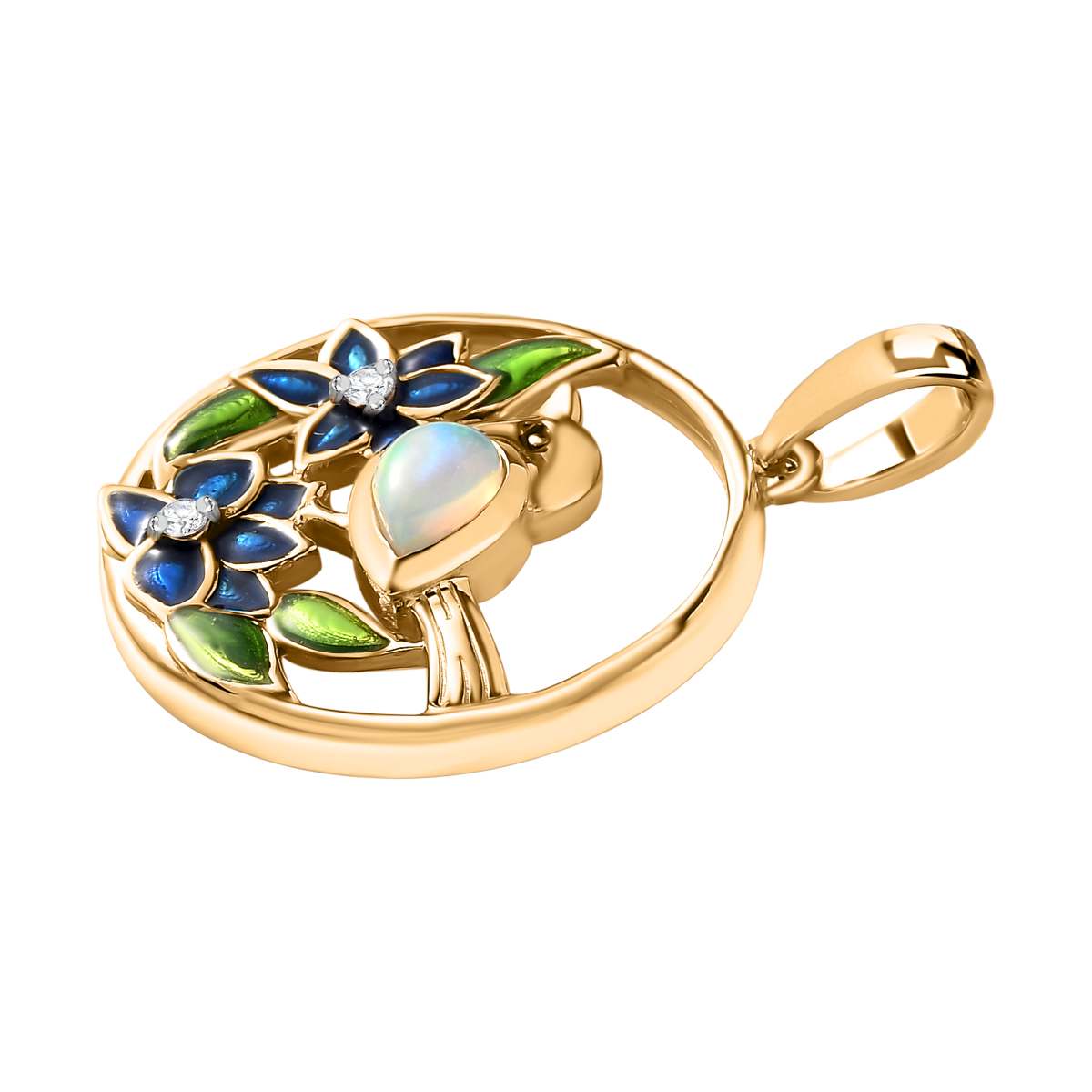 AA Natürlicher, äthiopischer Welo Opal, Weißer Zirkon Anhänger 925 Silber Gelbgold Vermeil ca. 0,34 ct.