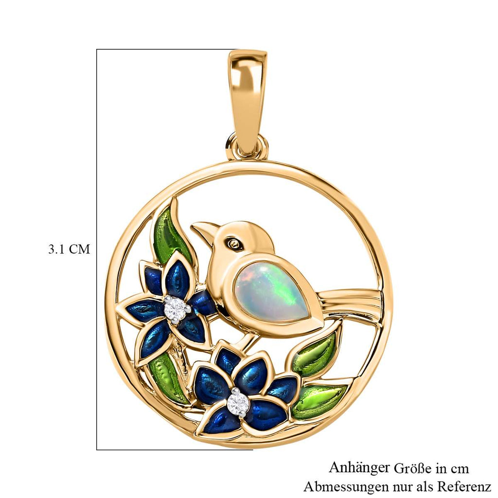AA Natürlicher, äthiopischer Welo Opal, Weißer Zirkon Anhänger 925 Silber Gelbgold Vermeil ca. 0,34 ct.