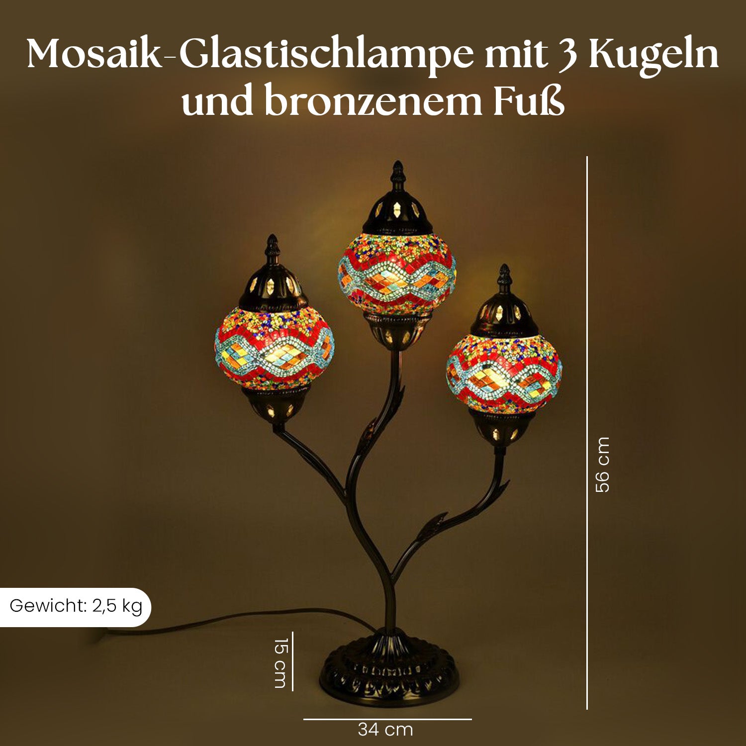 Handgefertigte Mosaikglaslampe im orientalischen Stil mit 3 Kugeln, 56 x 34 x 15, Wellen