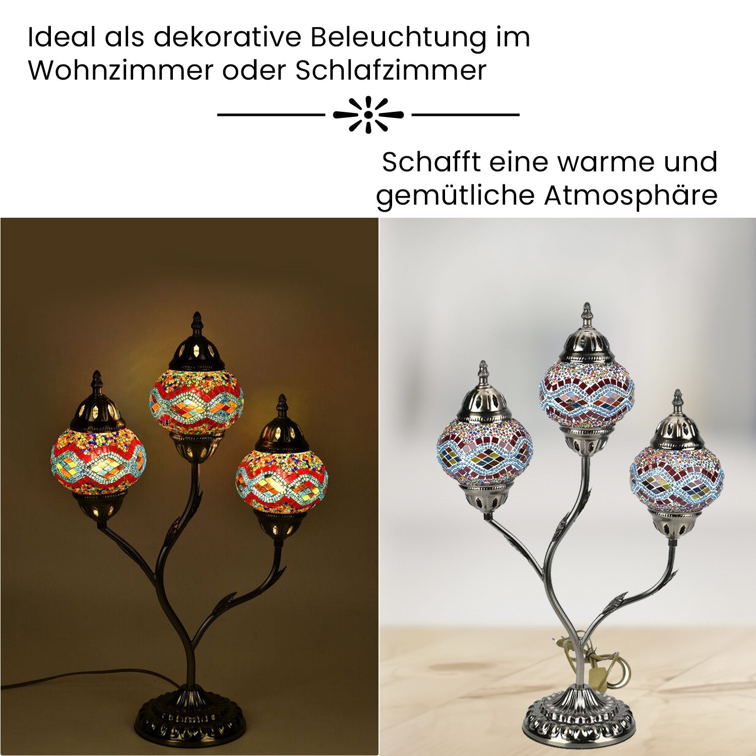 Handgefertigte Mosaikglaslampe im orientalischen Stil mit 3 Kugeln, 56 x 34 x 15, Wellen