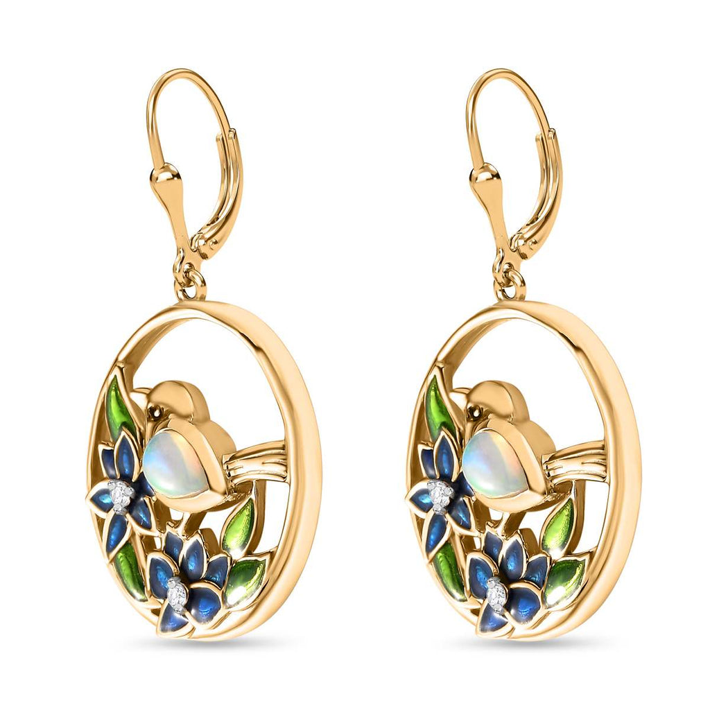 AA Natürlicher, äthiopischer Welo Opal, Weißer Zirkon Ohrringe 925 Silber Gelbgold Vermeil ca. 0,36 ct.
