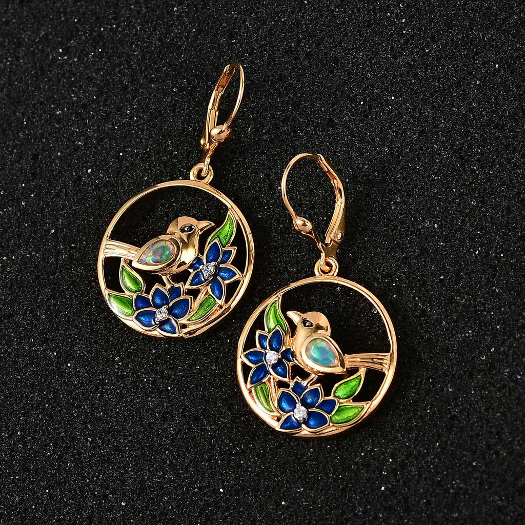 AA Natürlicher, äthiopischer Welo Opal, Weißer Zirkon Ohrringe 925 Silber Gelbgold Vermeil ca. 0,36 ct.