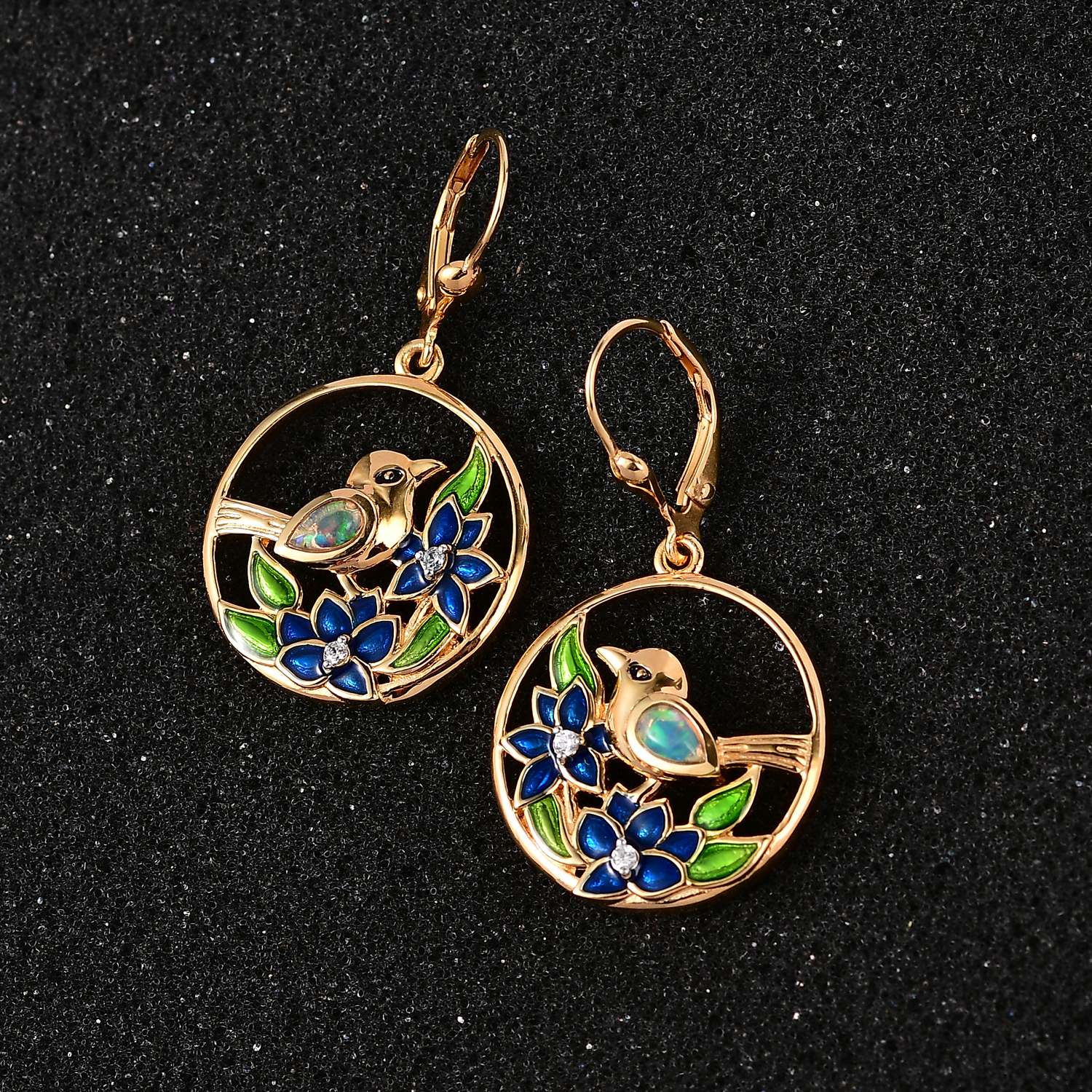 AA Natürlicher, äthiopischer Welo Opal, Weißer Zirkon Ohrringe 925 Silber Gelbgold Vermeil ca. 0,36 ct.