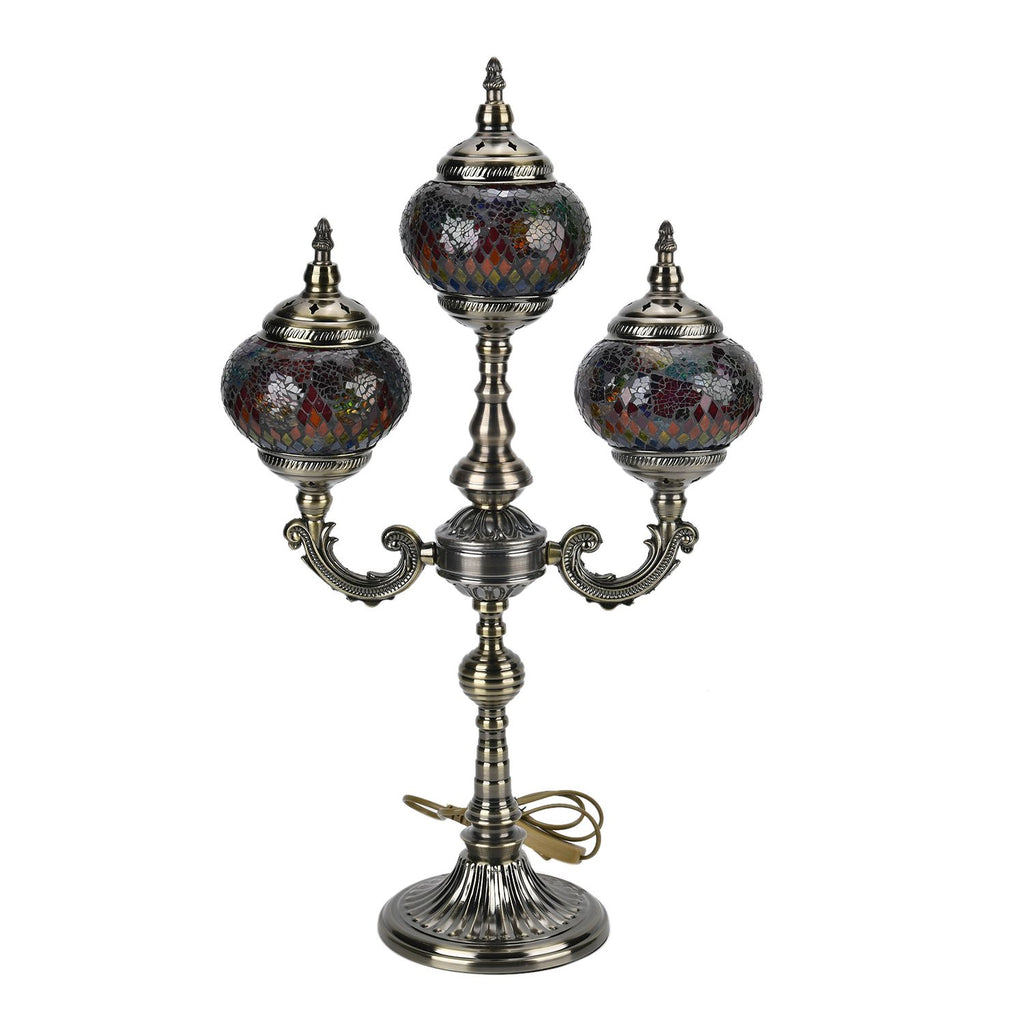 Mosaikglas-Tischlampe mit 3 Kugeln und Bronzefarbenem Sockel, Größe 39x17.5x63 cm,