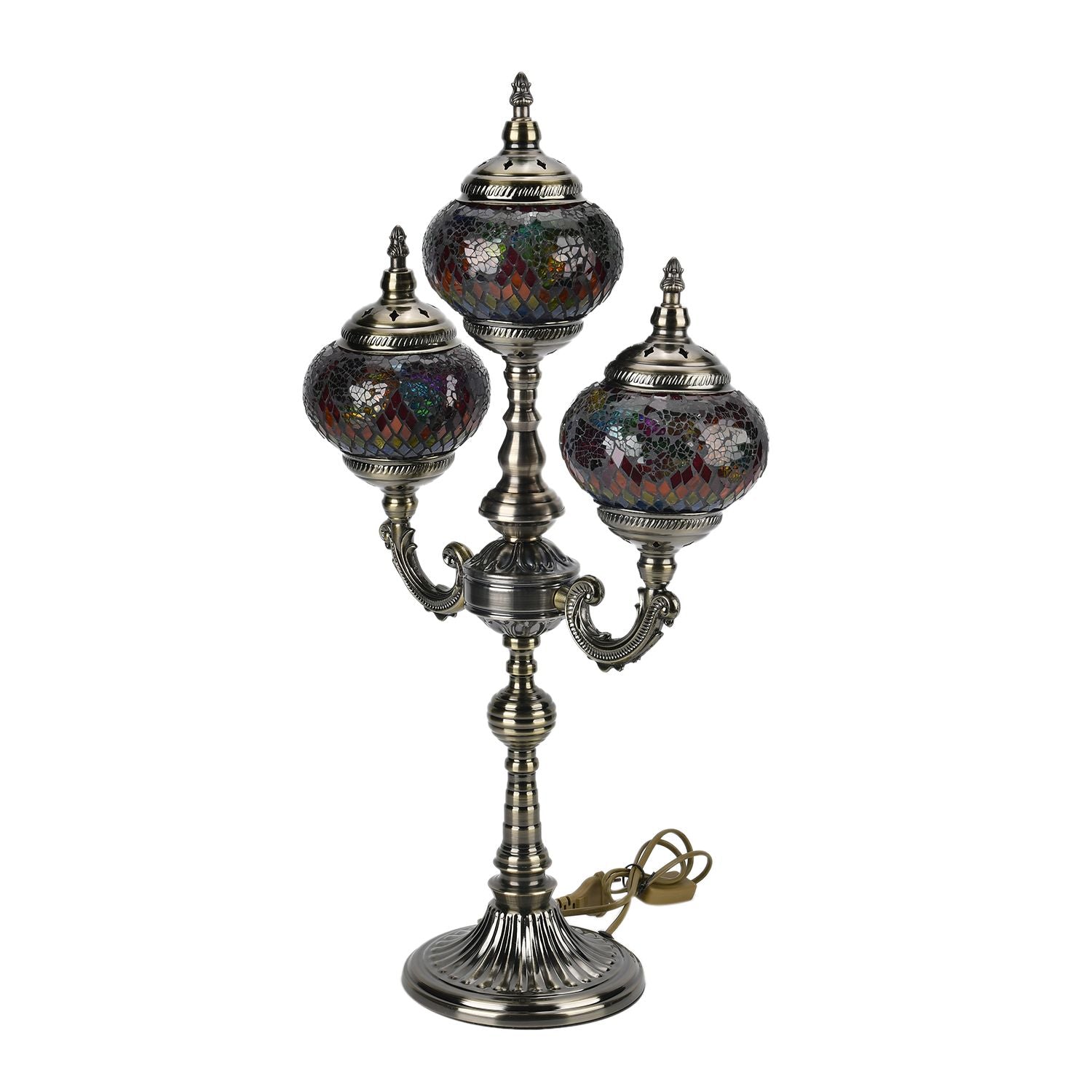 Mosaikglas-Tischlampe mit 3 Kugeln und Bronzefarbenem Sockel, Größe 39x17.5x63 cm,