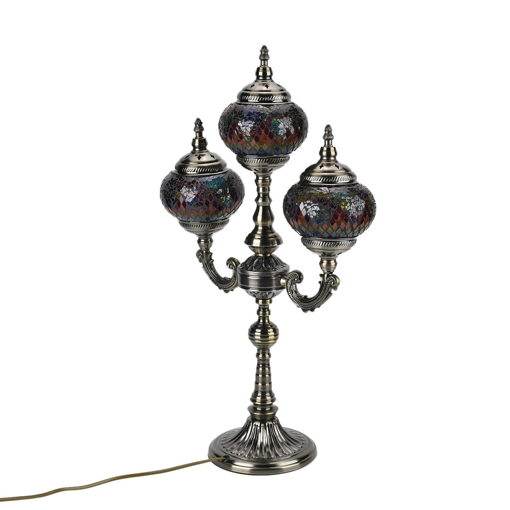 Mosaikglas-Tischlampe mit 3 Kugeln und Bronzefarbenem Sockel, Größe 39x17.5x63 cm,