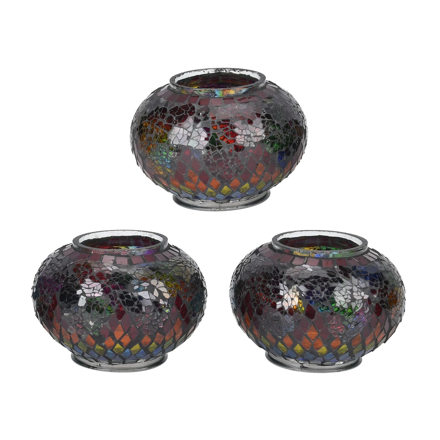 Mosaikglas-Tischlampe mit 3 Kugeln und Bronzefarbenem Sockel, Größe 39x17.5x63 cm,