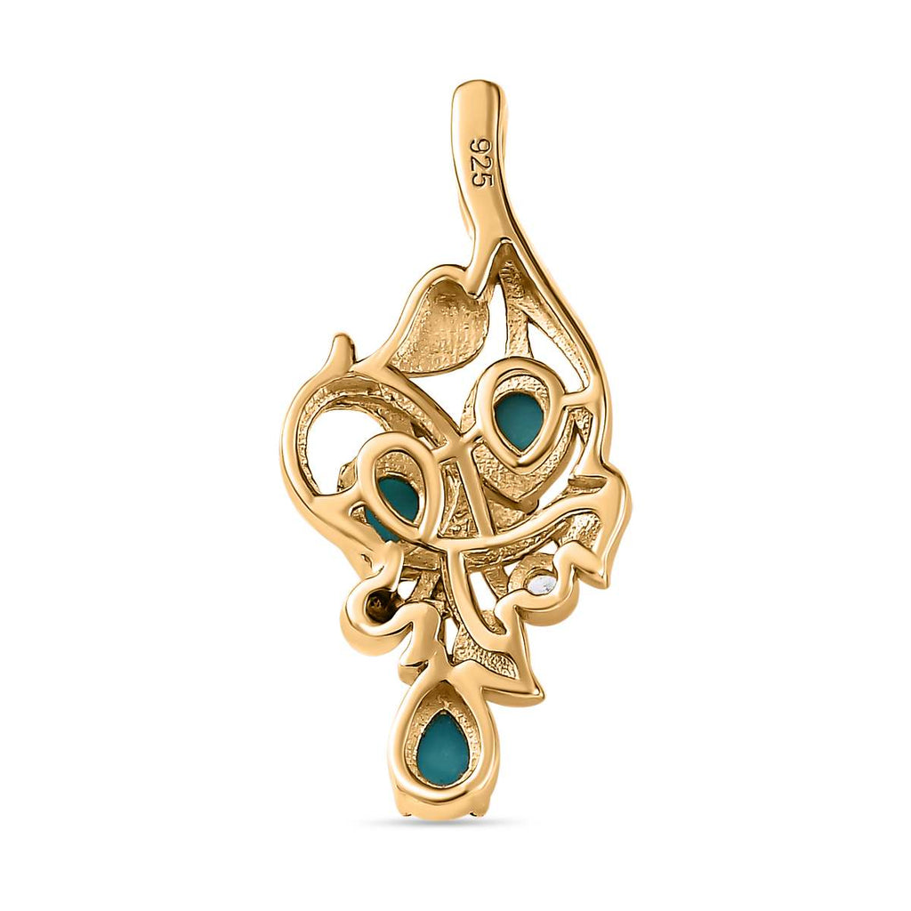 Sleeping Beauty Türkis, Weißer Zirkon Anhänger 925 Silber Gelbgold Vermeil ca. 0,45 ct.