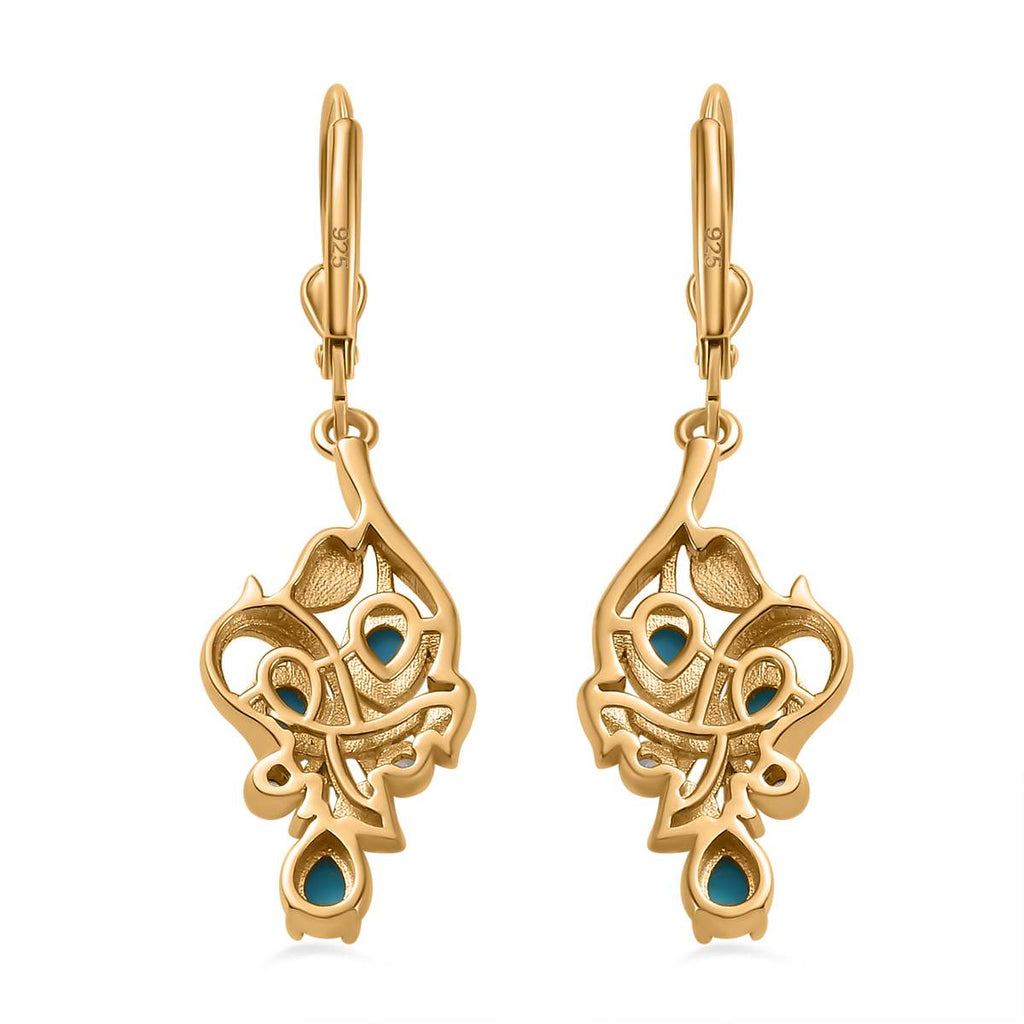 Sleeping Beauty Türkis, Weißer Zirkon Ohrringe 925 Silber Gelbgold Vermeil ca. 1,02 ct.