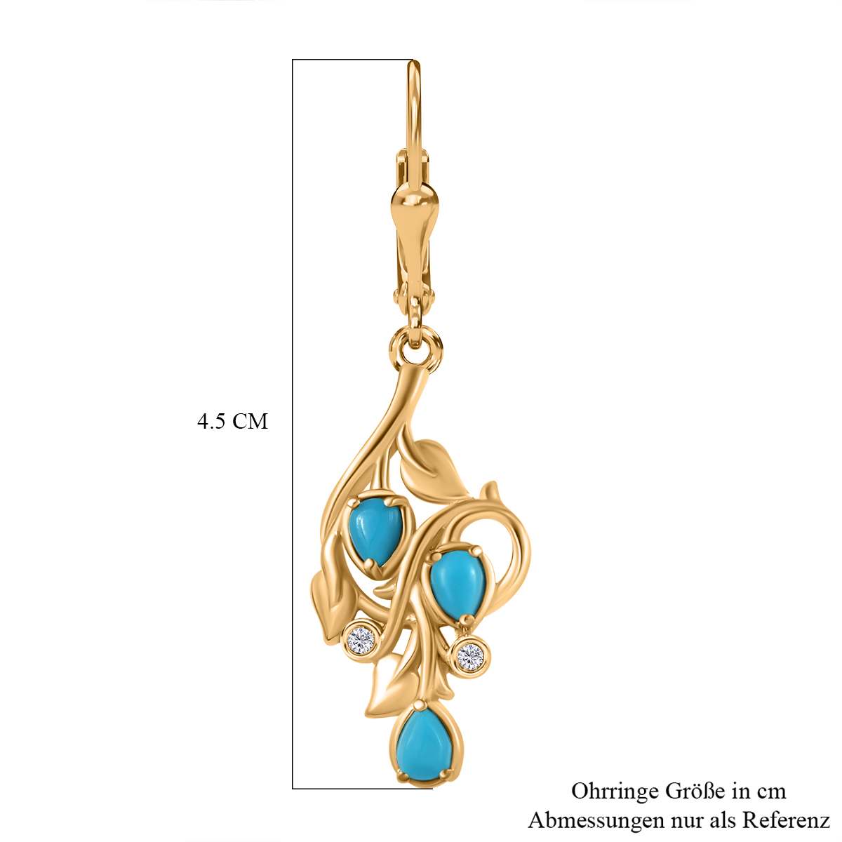 Sleeping Beauty Türkis, Weißer Zirkon Ohrringe 925 Silber Gelbgold Vermeil ca. 1,02 ct.