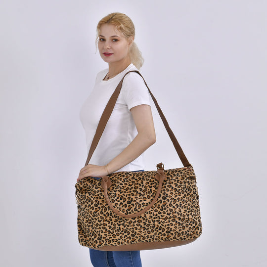 Weekender-Tasche aus supersoftem Mikroflanell und Kunst-Leder mit Leopardenmuster und verstellbarer Riemen, 54 x 37 x 18 cm, Patchwork