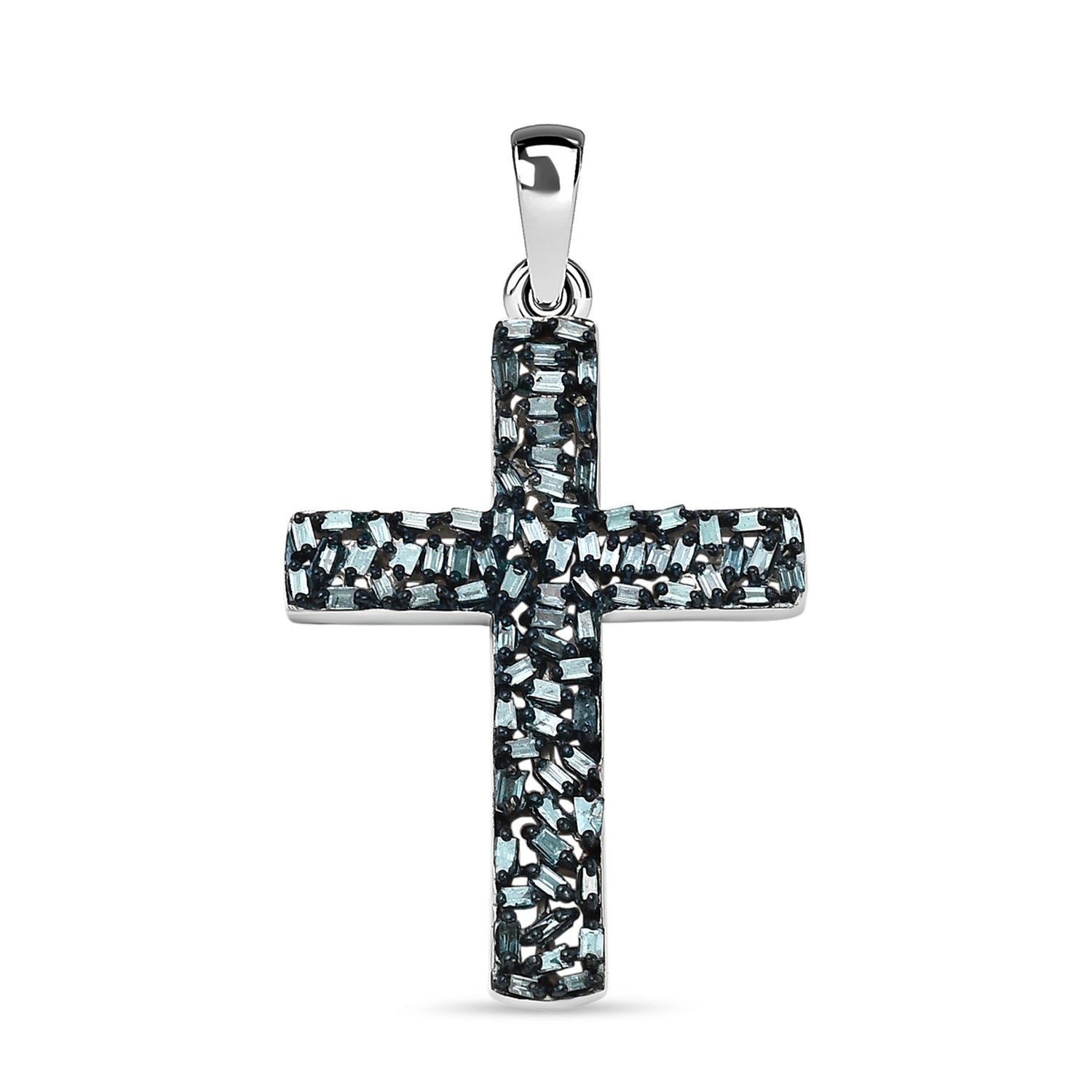 Blauer Diamant Kreuz Anhänger, 925 Silber platiniert ca. 0.60 ct