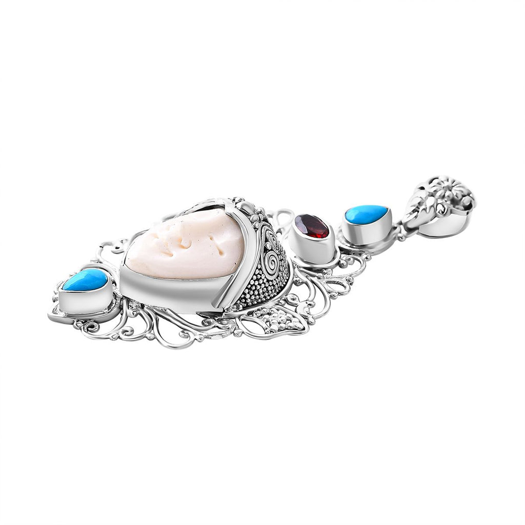 Royal Bali - Ox Bone, Rote Granat, Sleeping Beauty Türkis Anhänger, 925 Silber ca. 1.32 ct