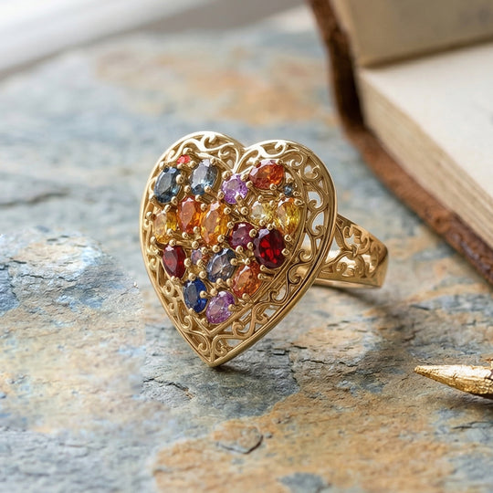 Regenbogen-Saphir Herz Ring, 925 Silber Gelbgold Vermeil (Größe 17.00) ca. 3.27 ct