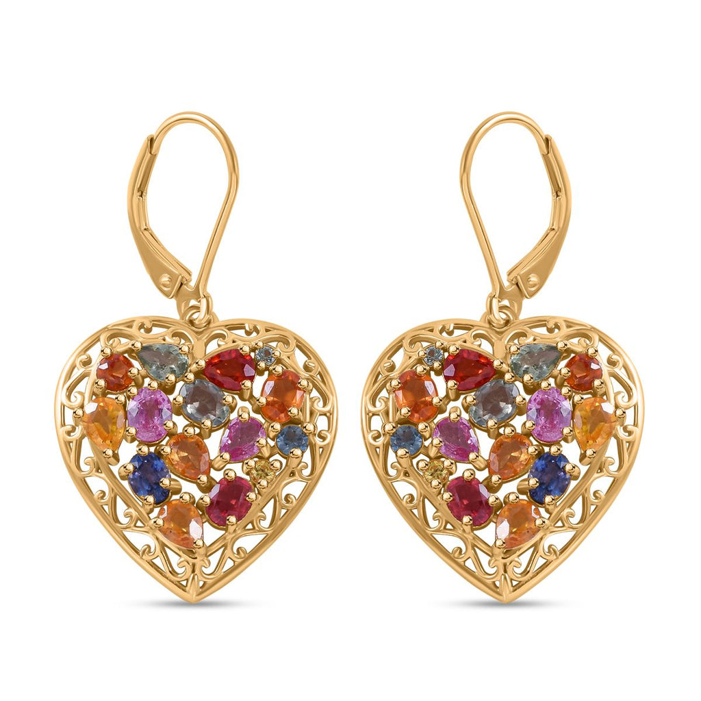 Regenbogen-Saphir Herz Ohrringe, 925 Silber Gelbgold Vermeil, ca. 5.42 ct