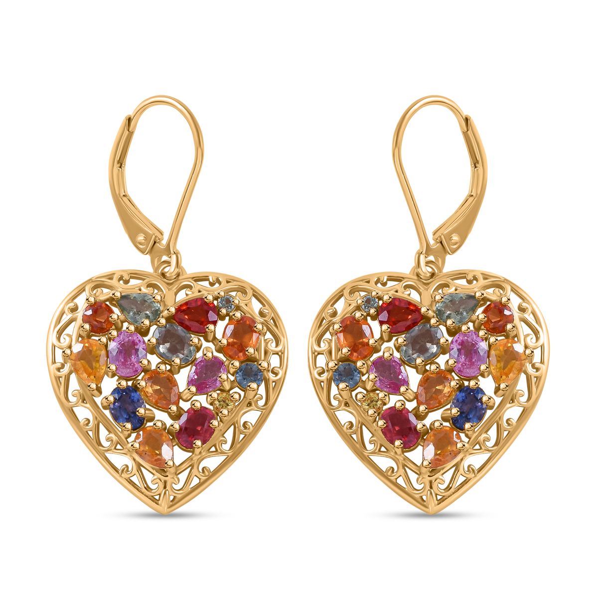Regenbogen-Saphir Herz Ohrringe, 925 Silber Gelbgold Vermeil, ca. 5.42 ct