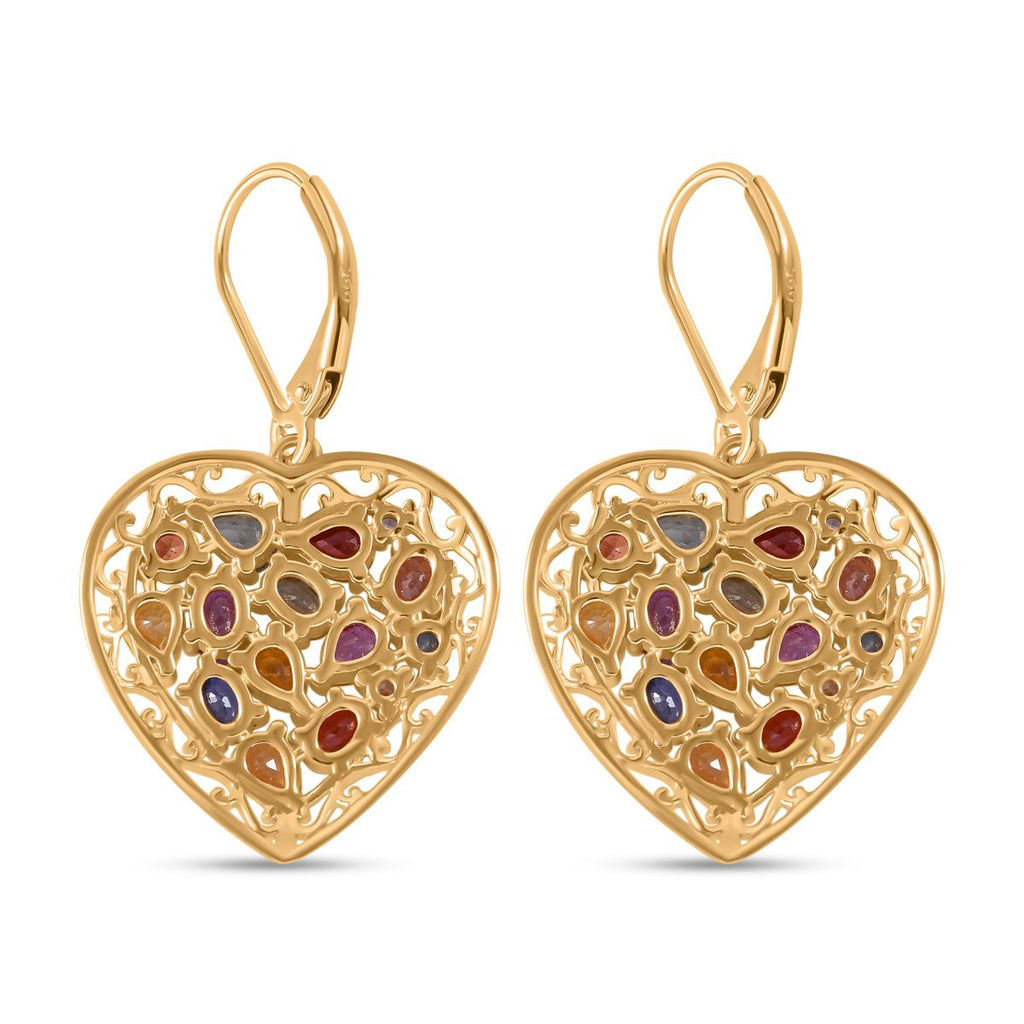 Regenbogen-Saphir Herz Ohrringe, 925 Silber Gelbgold Vermeil, ca. 5.42 ct