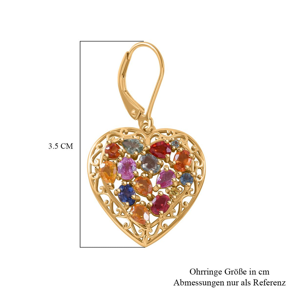 Regenbogen-Saphir Herz Ohrringe, 925 Silber Gelbgold Vermeil, ca. 5.42 ct