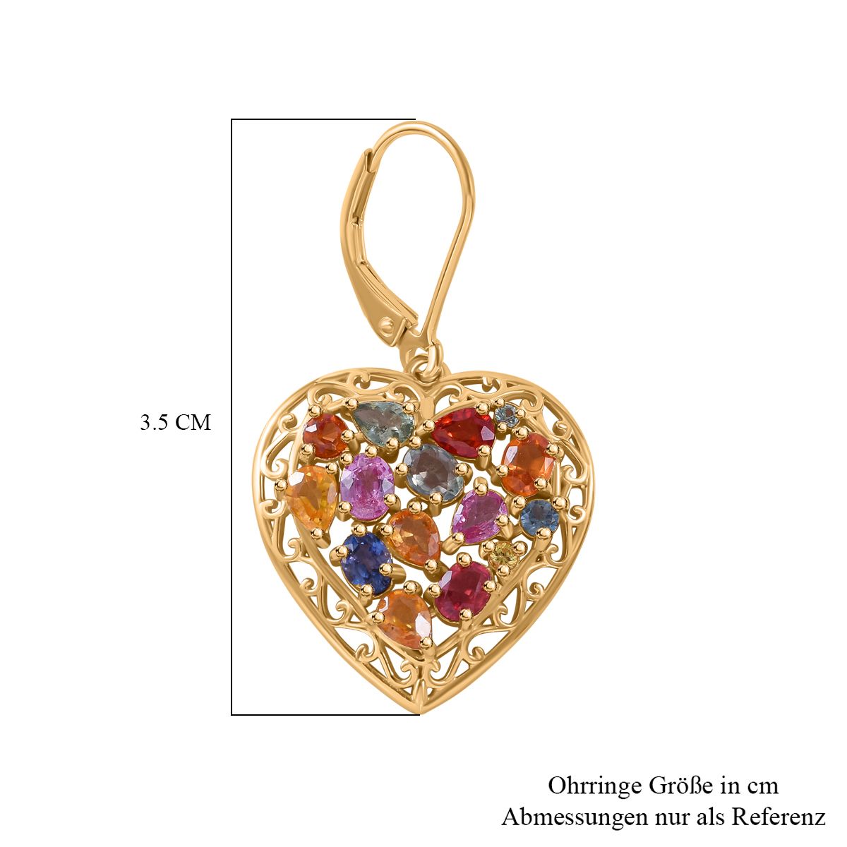 Regenbogen-Saphir Herz Ohrringe, 925 Silber Gelbgold Vermeil, ca. 5.42 ct