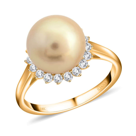ILIANA AGI zertifizierter und geprüfter AAA goldene Südsee Perle (8,5-8,9mm) und weißer Diamant Ring in 750 Gelbgold