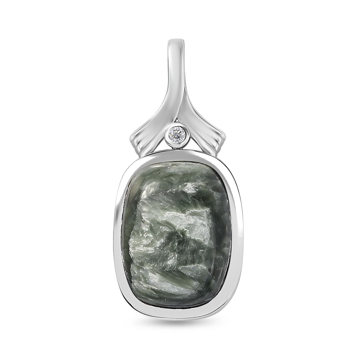 Sibirischer Seraphinite, Weißer Zirkon Anhänger 925 Silber platiniert ca. 10.19 ct