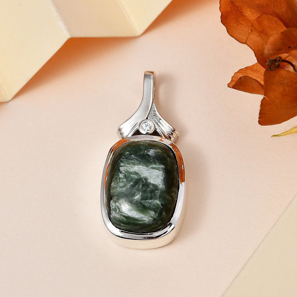 Sibirischer Seraphinite, Weißer Zirkon Anhänger 925 Silber platiniert ca. 10.19 ct