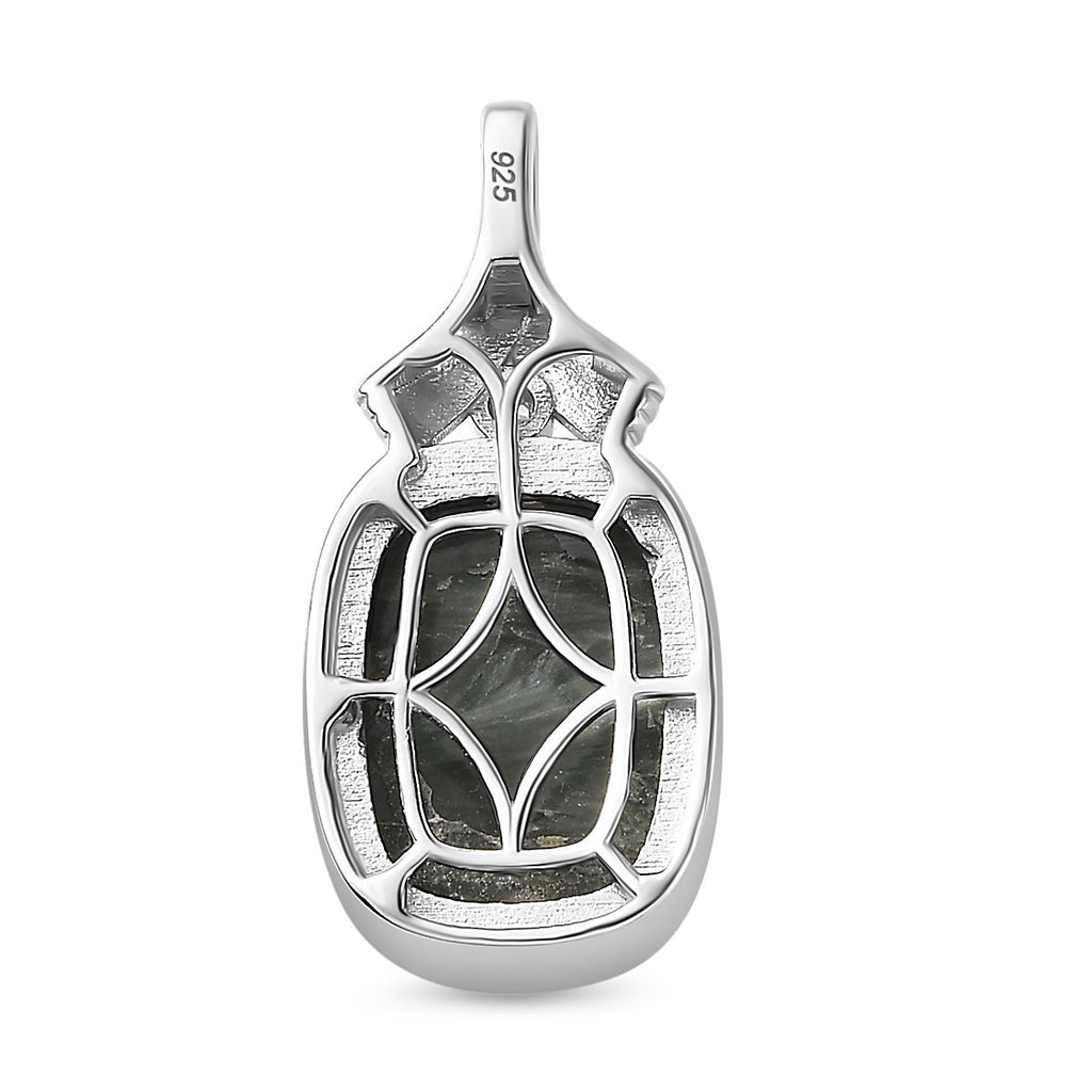 Sibirischer Seraphinite, Weißer Zirkon Anhänger 925 Silber platiniert ca. 10.19 ct
