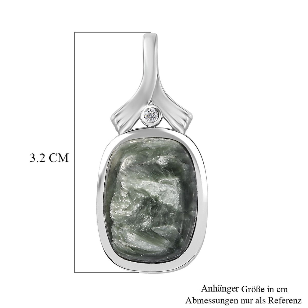 Sibirischer Seraphinite, Weißer Zirkon Anhänger 925 Silber platiniert ca. 10.19 ct